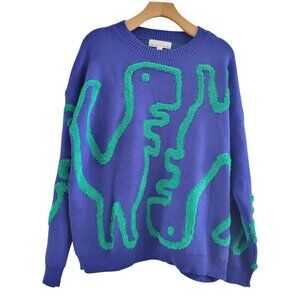 Threaded Leaf Blue Green Dinosaur sweater size Small Oversized T-Rex